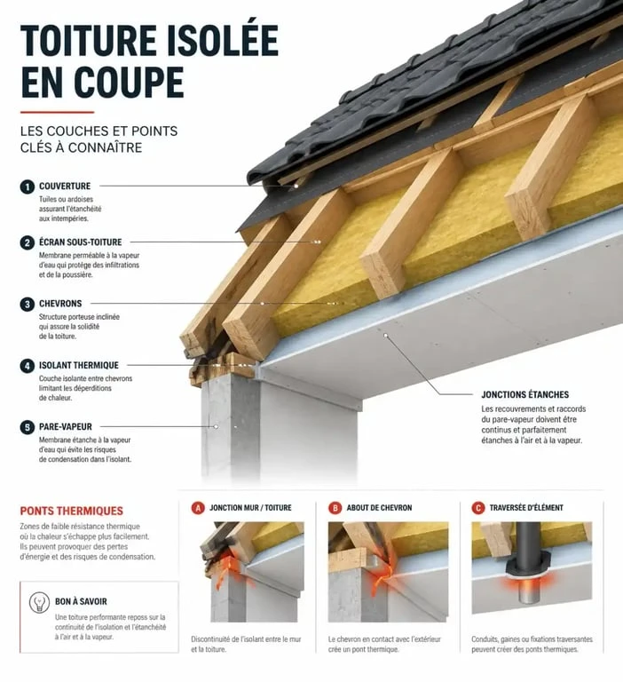 Isolation toiture : coupe technique montrant pare-vapeur, isolant et ponts thermiques