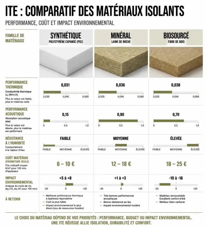 Infographie comparative des matériaux isolants utilisés en isolation exterieur