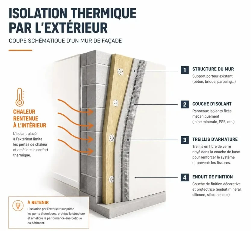 Schéma en coupe de l'isolation extérieur d'un mur avec isolant et enduit de finition