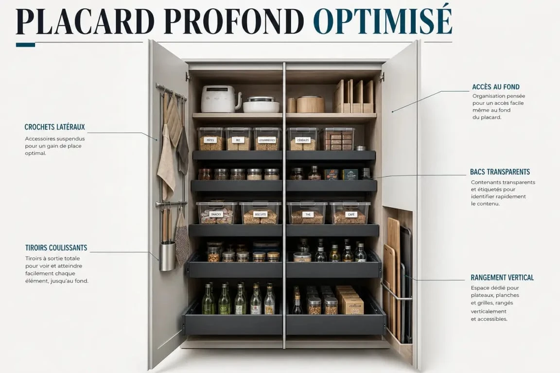 Comment organiser le placard profond avec tiroirs coulissants et rangements accessibles