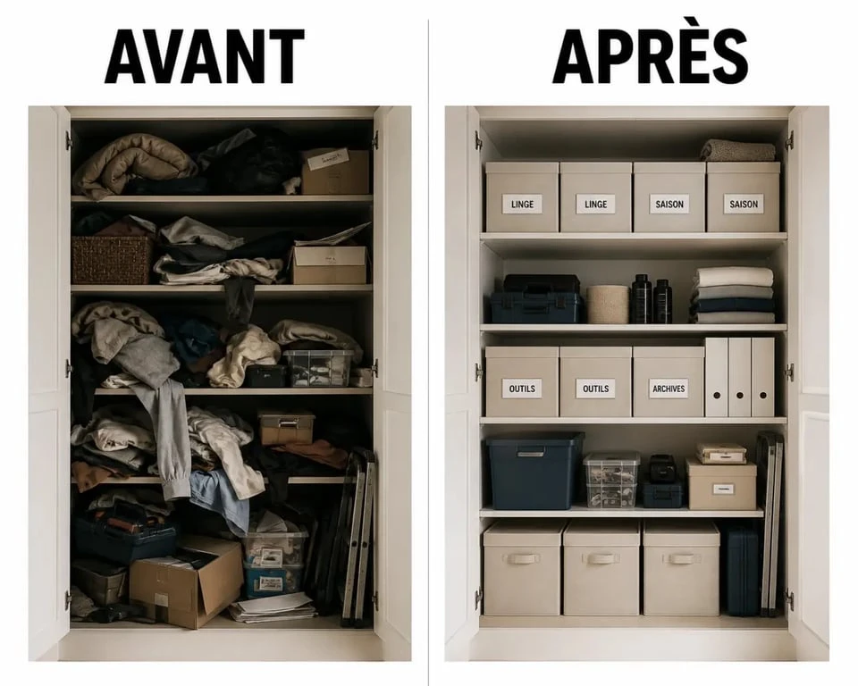Comment organiser le placard avec un avant/après montrant un rangement clair et des boîtes étiquetées