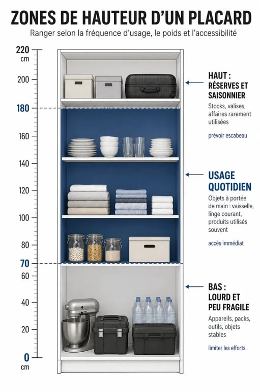 Comment organiser le placard selon les zones de hauteur utiles pour chaque type d’objet