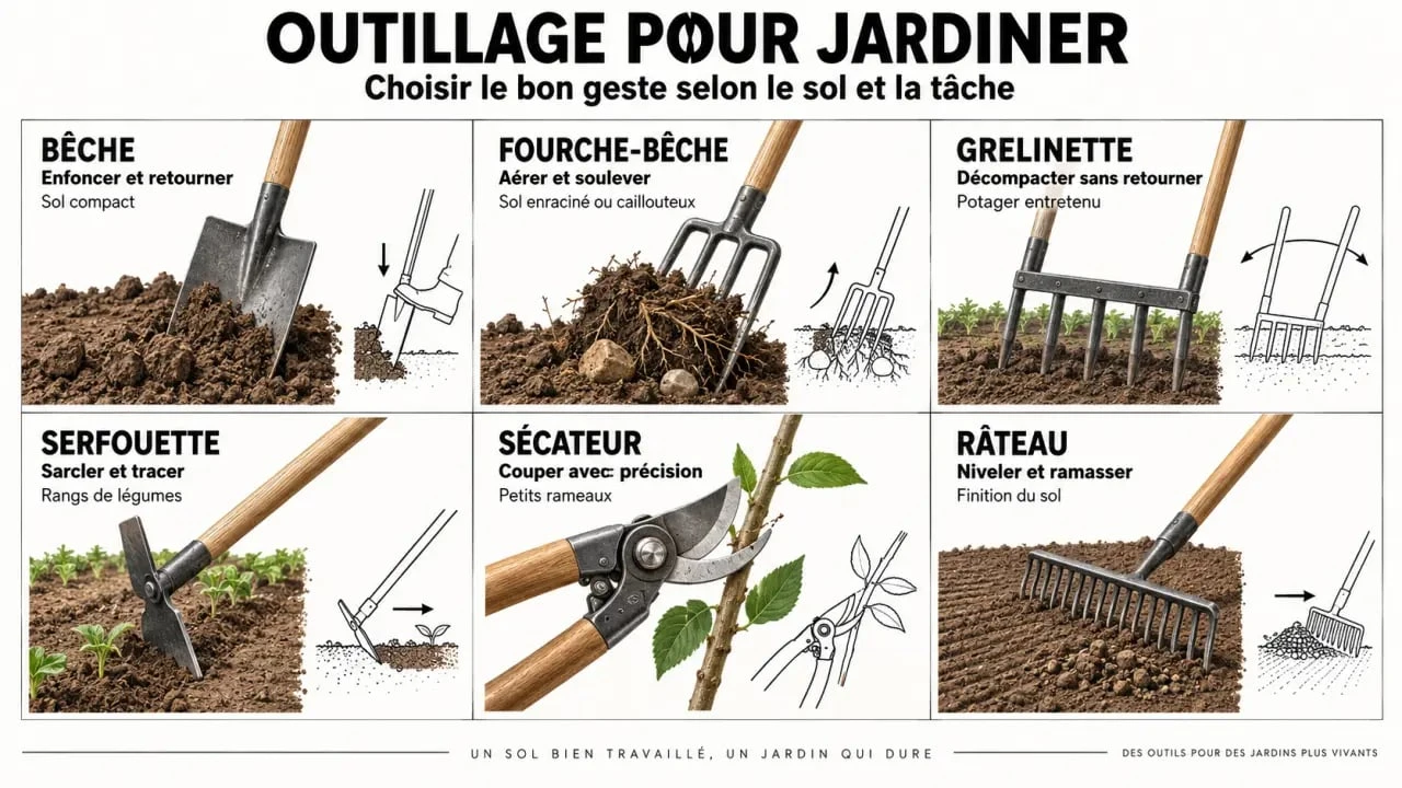Outillage pour jardiner : comparaison visuelle de la bêche, fourche-bêche, grelinette, serfouette, sécateur et râteau