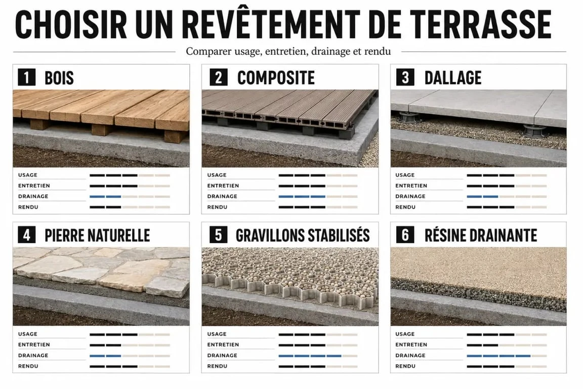 Aménagement extérieur terrasse : comparaison visuelle des revêtements et de leurs usages