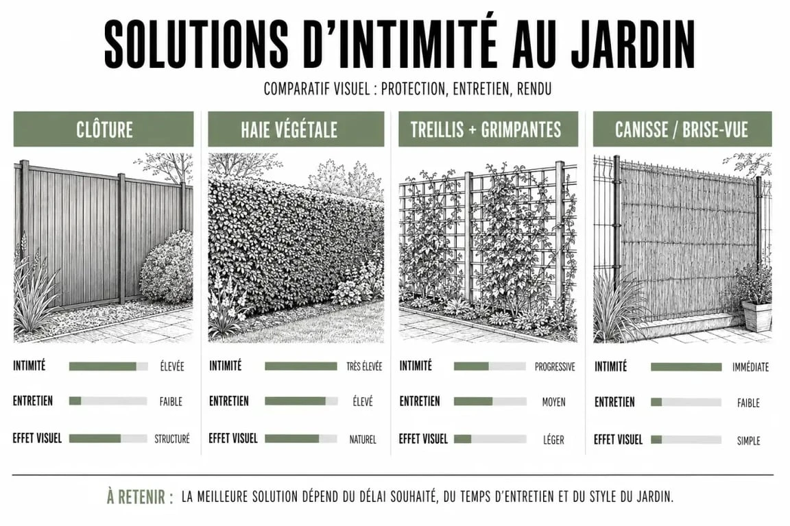 Comparatif extérieur aménagement jardin des solutions d'intimité clôture haie treillis et brise-vue