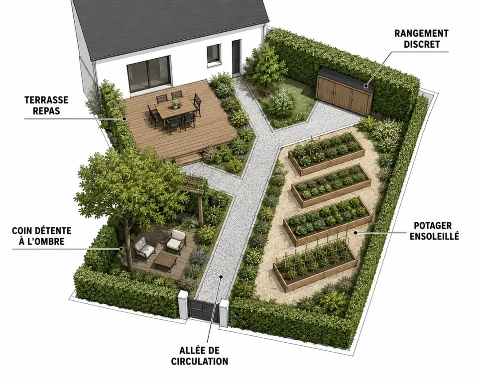 Schéma d'extérieur aménagement jardin montrant le zonage des espaces et les circulations