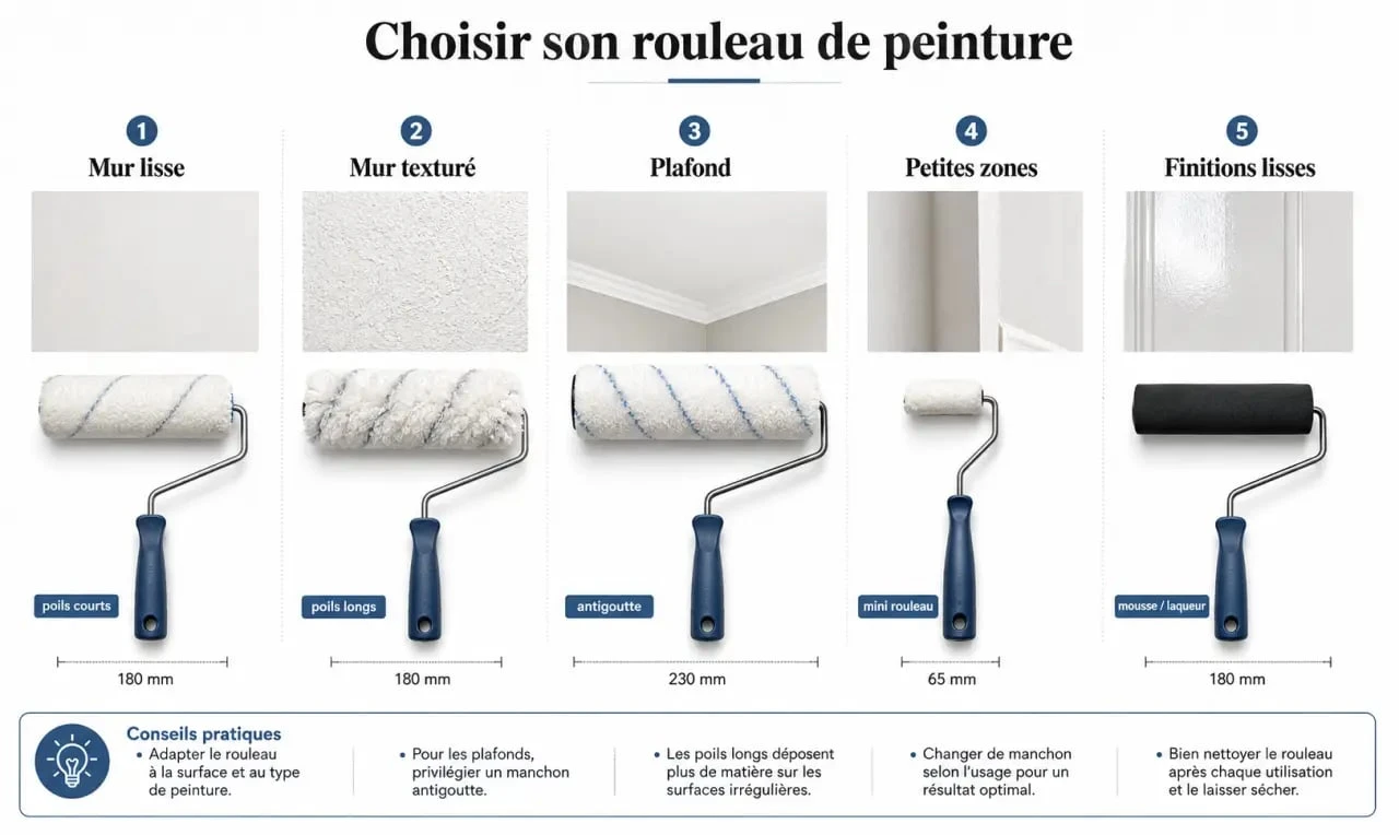Rouleau peinture comparatif des types de manchons selon la surface et la finition
