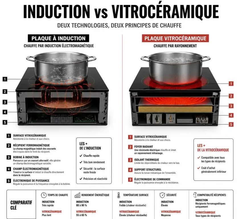 Schéma comparatif du fonctionnement technique entre plaque induction et vitrocéramique