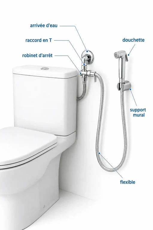 Douchette toilette installée dans des toilettes compactes avec raccord et flexible visibles