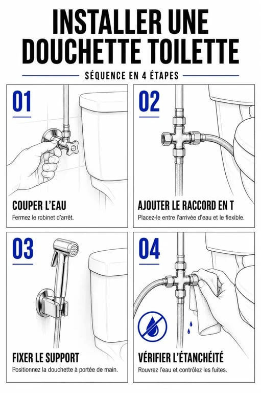 Installation en étapes d’une douchette toilette avec vérification des fuites