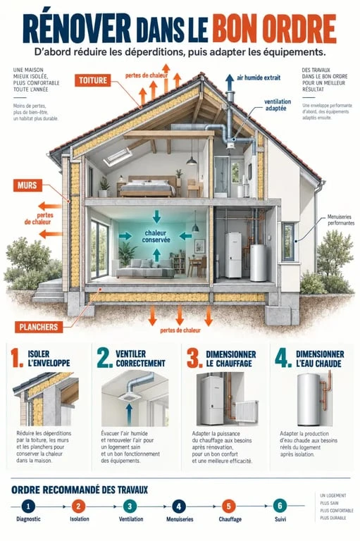 Infographie sur les travaux de rénovation énergétique et l’ordre des interventions dans un logement