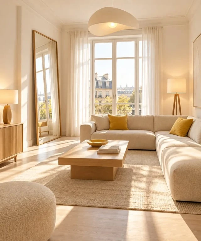 Déco salon sombre avec miroir, murs clairs et sources lumineuses variées