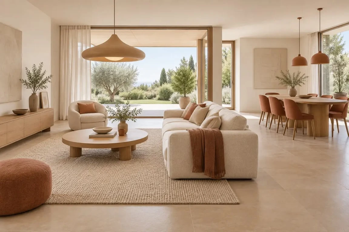 Déco salon ouvert avec tapis, canapé et éclairage pour délimiter les zones