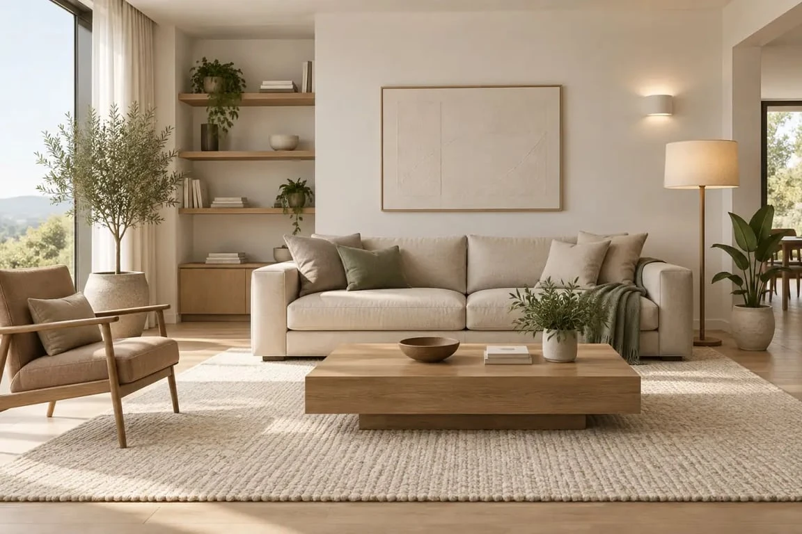 Idée de déco salon contemporain chaleureux avec canapé beige, bois clair et éclairage indirect