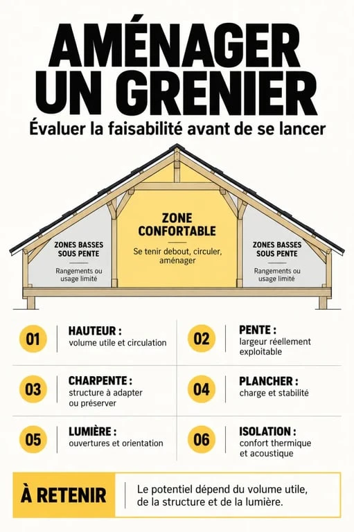 Infographie éditoriale sur la faisabilité d’un aménagement grenier selon la hauteur, la pente et la structure