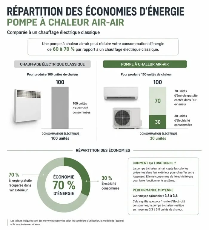 Comparatif efficacité énergétique pompe à chaleur air-air et chauffage classique