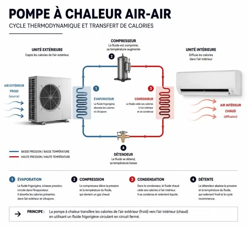 Schéma de fonctionnement d'une pompe à chaleur air-air pour climatisation réversible
