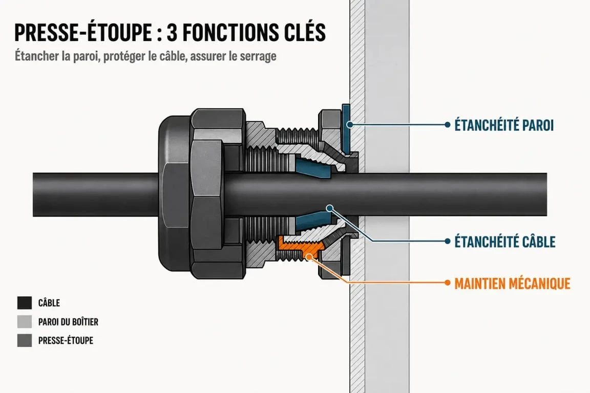 Schéma de fonctionnement d’un presse étoupe avec câble, joint et zones d’étanchéité