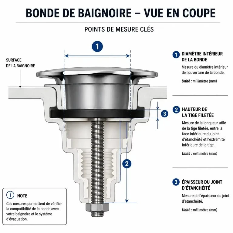 Schéma des points de mesure pour choisir un bouchon de baignoire compatible