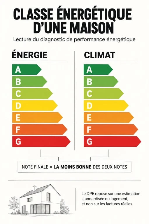 Infographie sur la classe énergétique d’une maison et les étiquettes énergie et climat du DPE