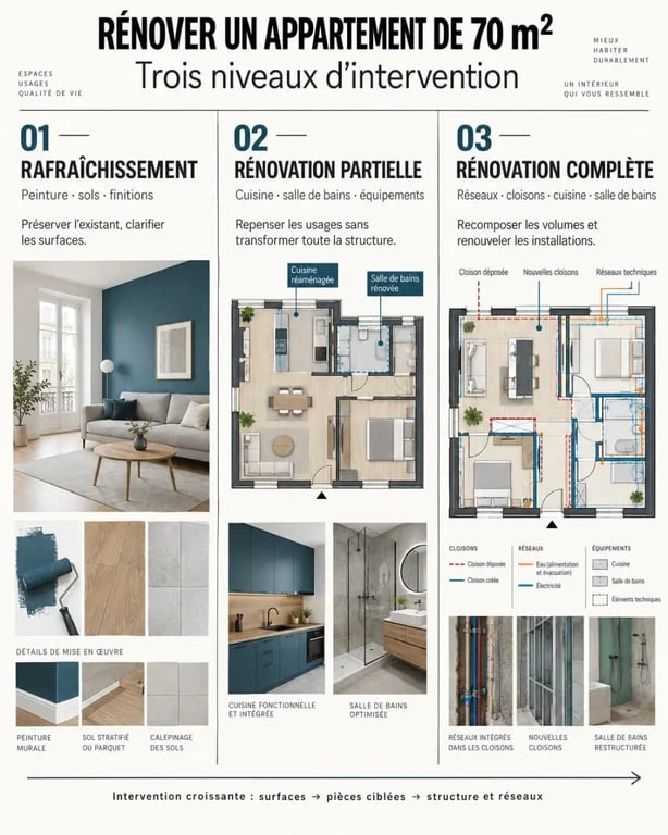 Prix rénovation appartement 70 m2 : niveaux de travaux du rafraîchissement à la rénovation complète