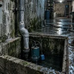 Pompe de relevage submersible dans une cave humide, refoulement eau usée