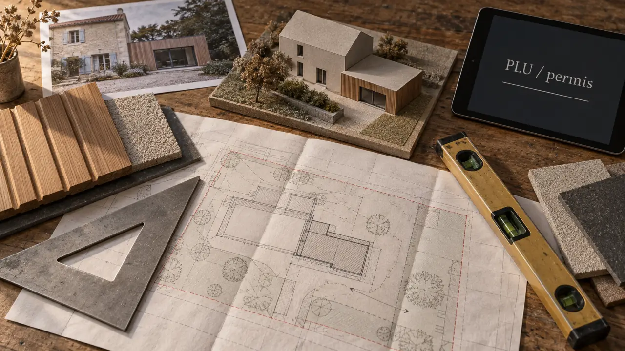 Travaux extension maison : règles PLU et permis, plan de masse au chantier