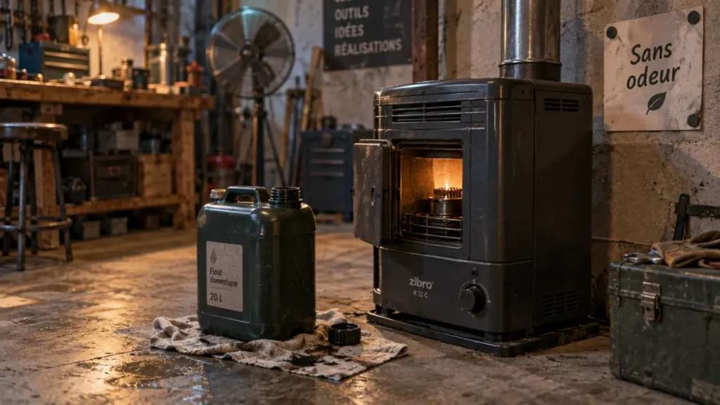 Chauffage petrole sans odeur : poêle au fioul et bidon en atelier