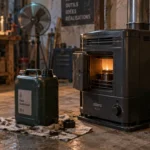 Chauffage petrole sans odeur : poêle au fioul et bidon en atelier
