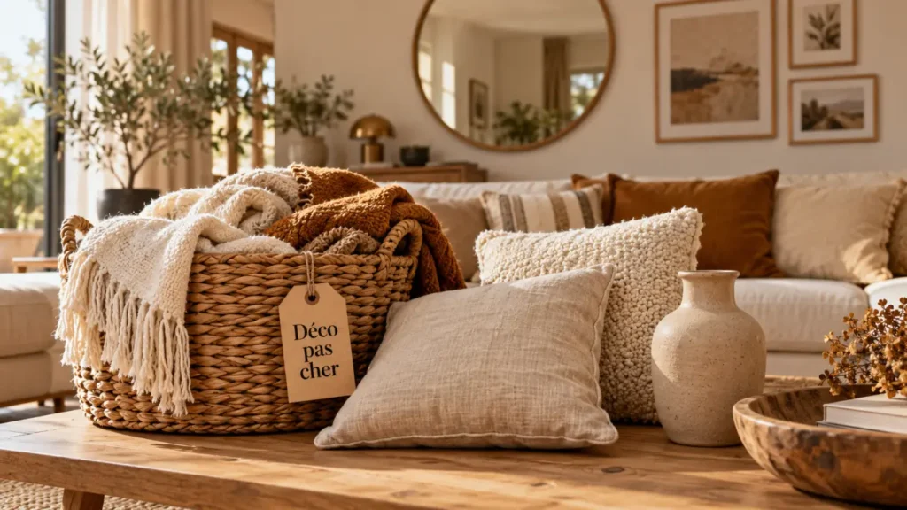 Déco maison pas cher : salon chaleureux, coussins et panier en osier