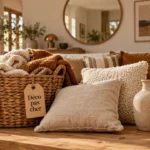 Déco maison pas cher : salon chaleureux, coussins et panier en osier