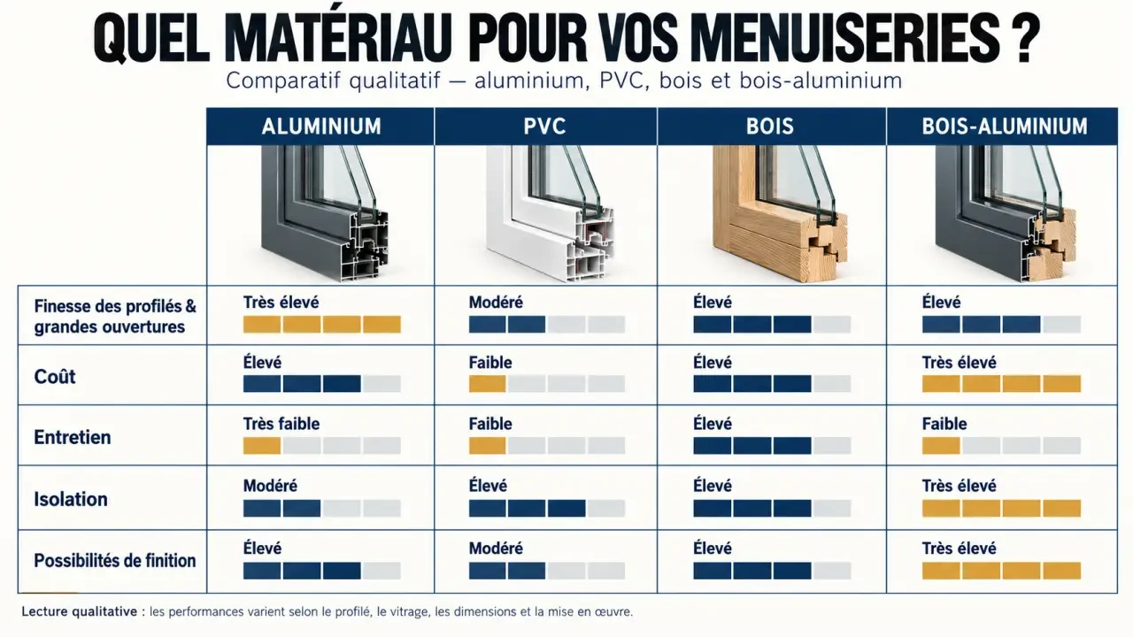 Menuiserie en aluminium comparée au PVC, au bois et au mixte bois-aluminium