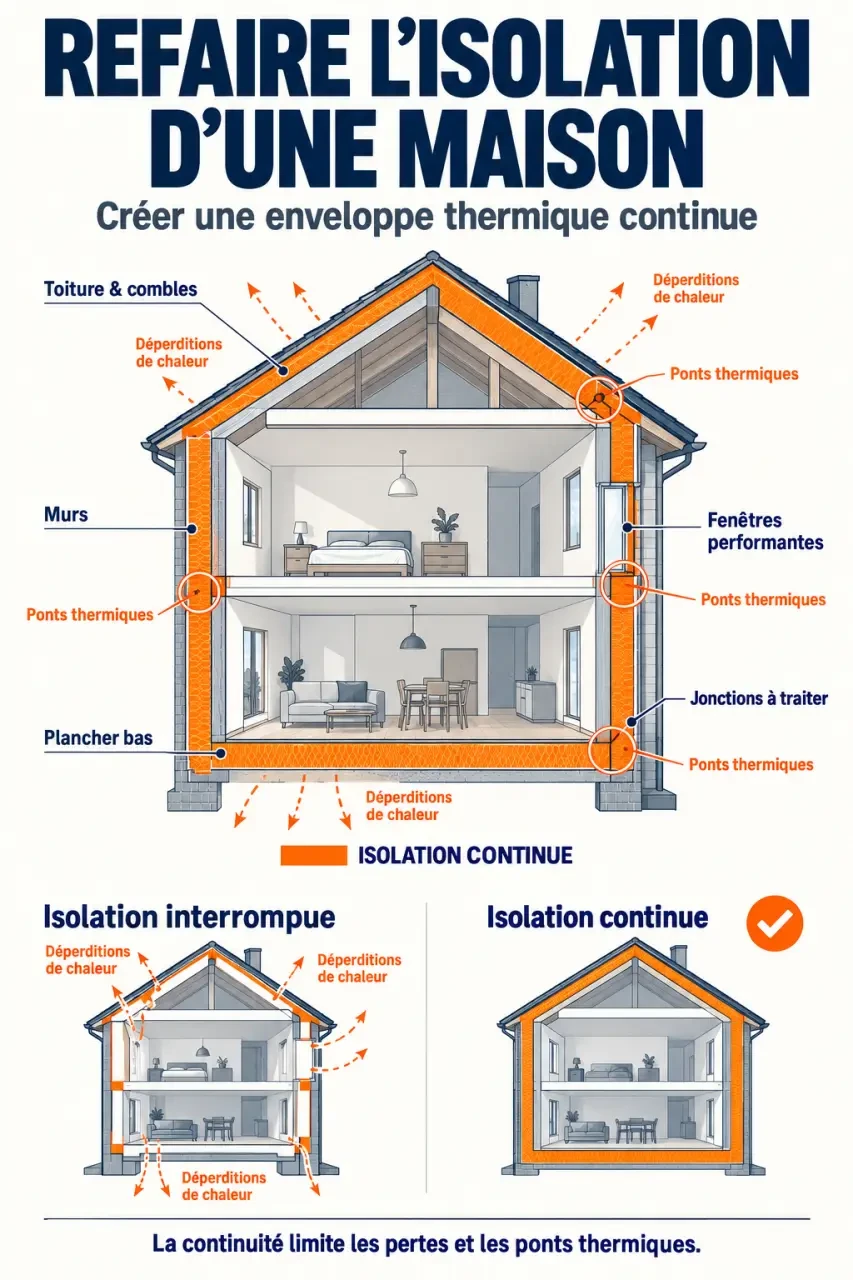 Infographie pour refaire isolation maison : toiture, murs, plancher et ponts thermiques