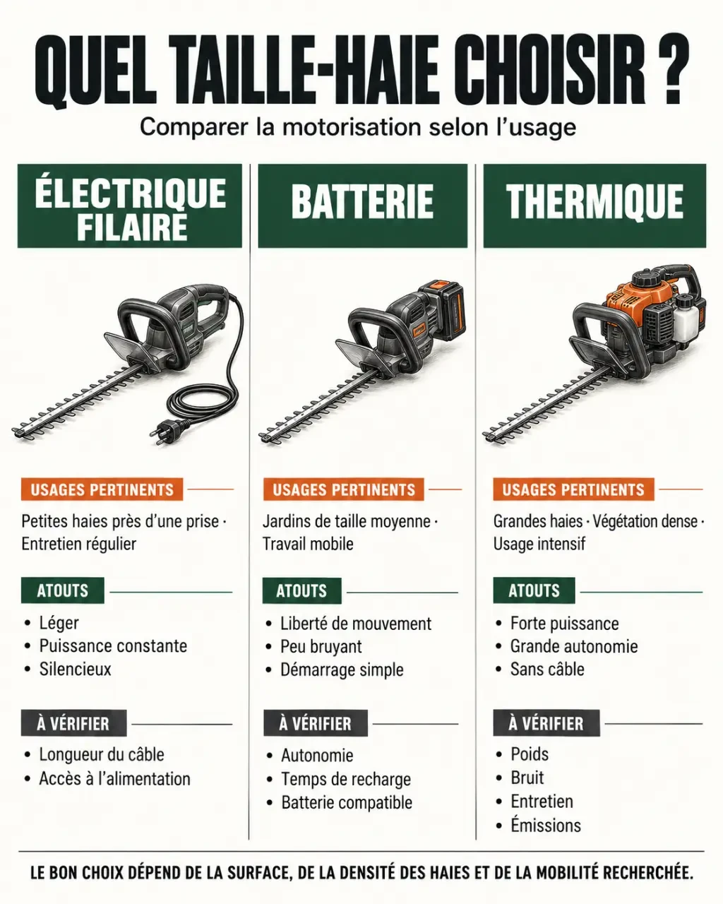 Taille-haie électrique filaire, à batterie et thermique comparés selon leurs usages