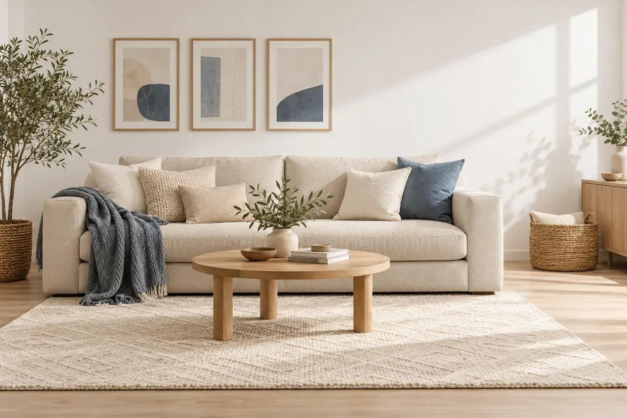 Idées de déco maison pas cher avec textiles, cadres et panier dans un salon chaleureux