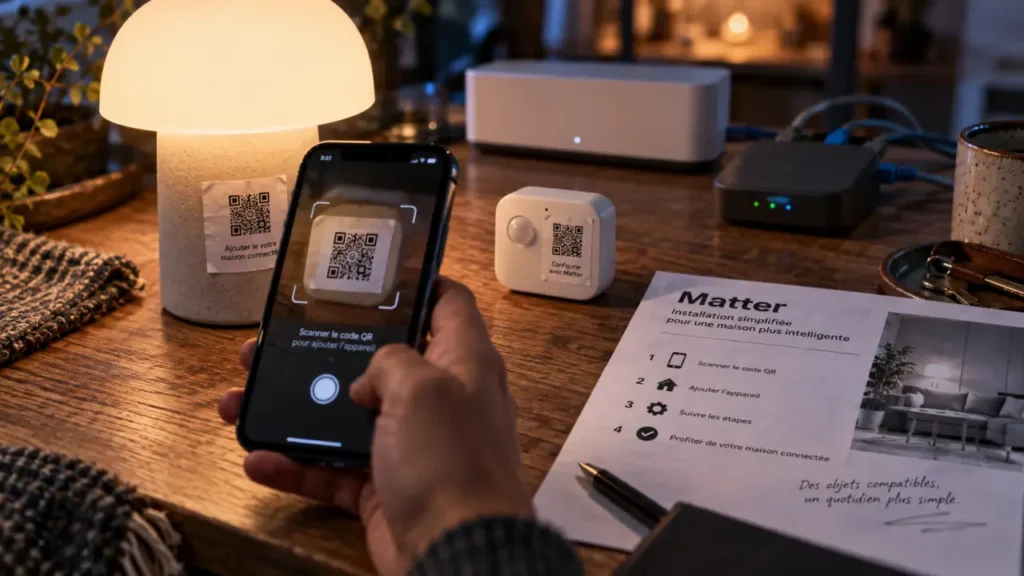 Matter domotique : smartphone scanne QR sur capteur Thread et lampe connectée