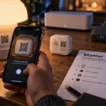 Matter domotique : smartphone scanne QR sur capteur Thread et lampe connectée