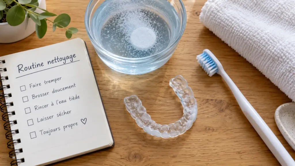 Nettoyage gouttière : gouttière transparente avec eau tiède pour enlever voile et odeurs