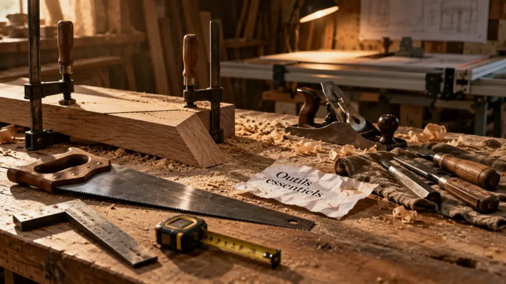 Outil pour menuiserie en atelier : scie, équerre et mètre ruban