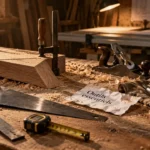 Outil pour menuiserie en atelier : scie, équerre et mètre ruban