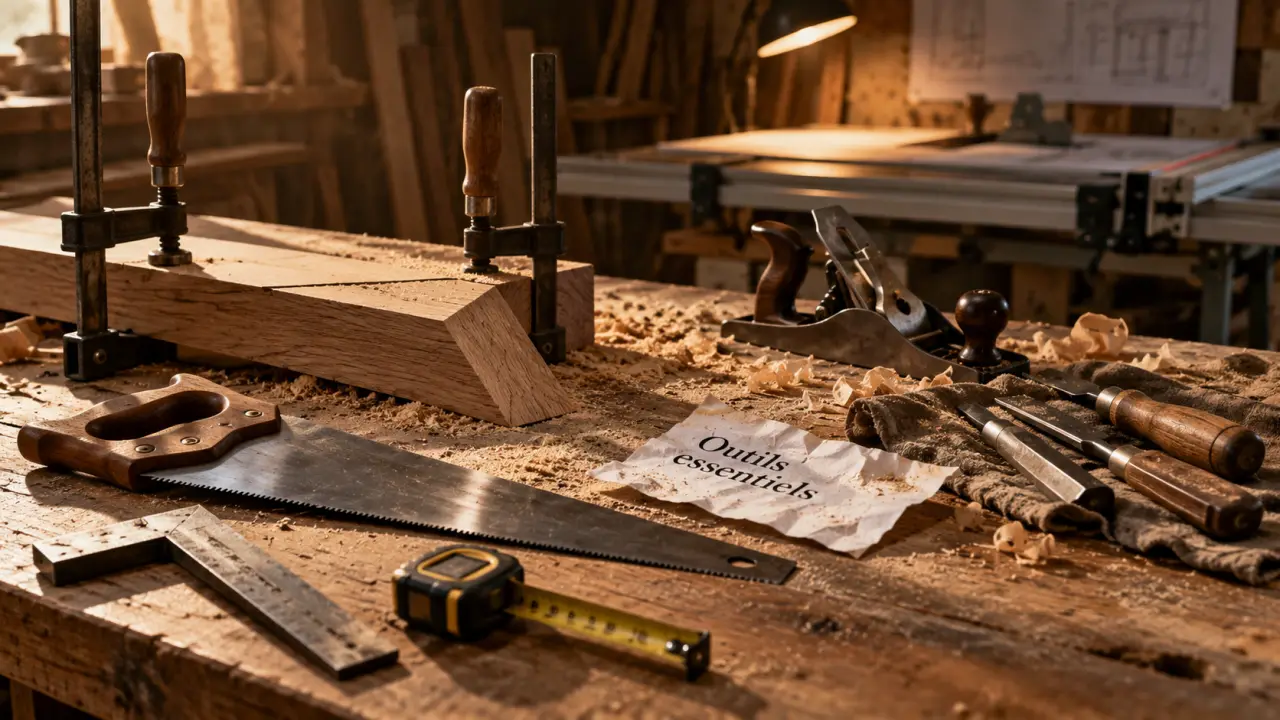 Outil pour menuiserie en atelier : scie, équerre et mètre ruban