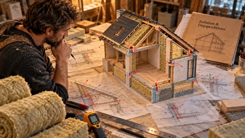 Refaire isolation maison : artisan examine l’isolant du toit et des murs