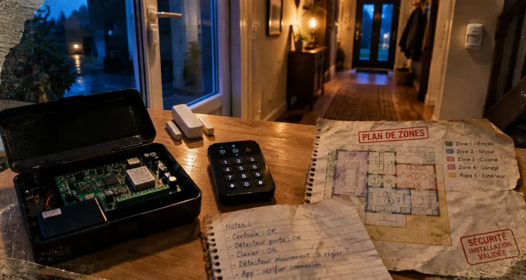 Système de sécurité pour maison : centrale d’alarme et détecteurs