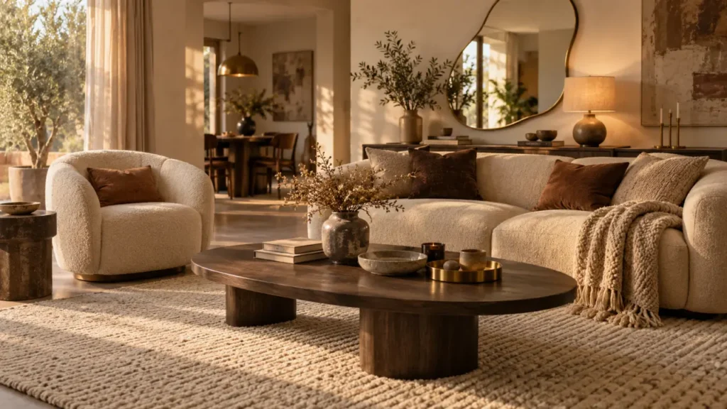 Tendance déco 2025 salon : marron Mocha Mousse, courbes et matières chaleureuses